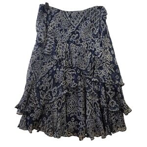 Lauren Ralph‎ Lauren Silk Ruffle Midi Skirt Navy Floral Print Medium Boho Gypsy
